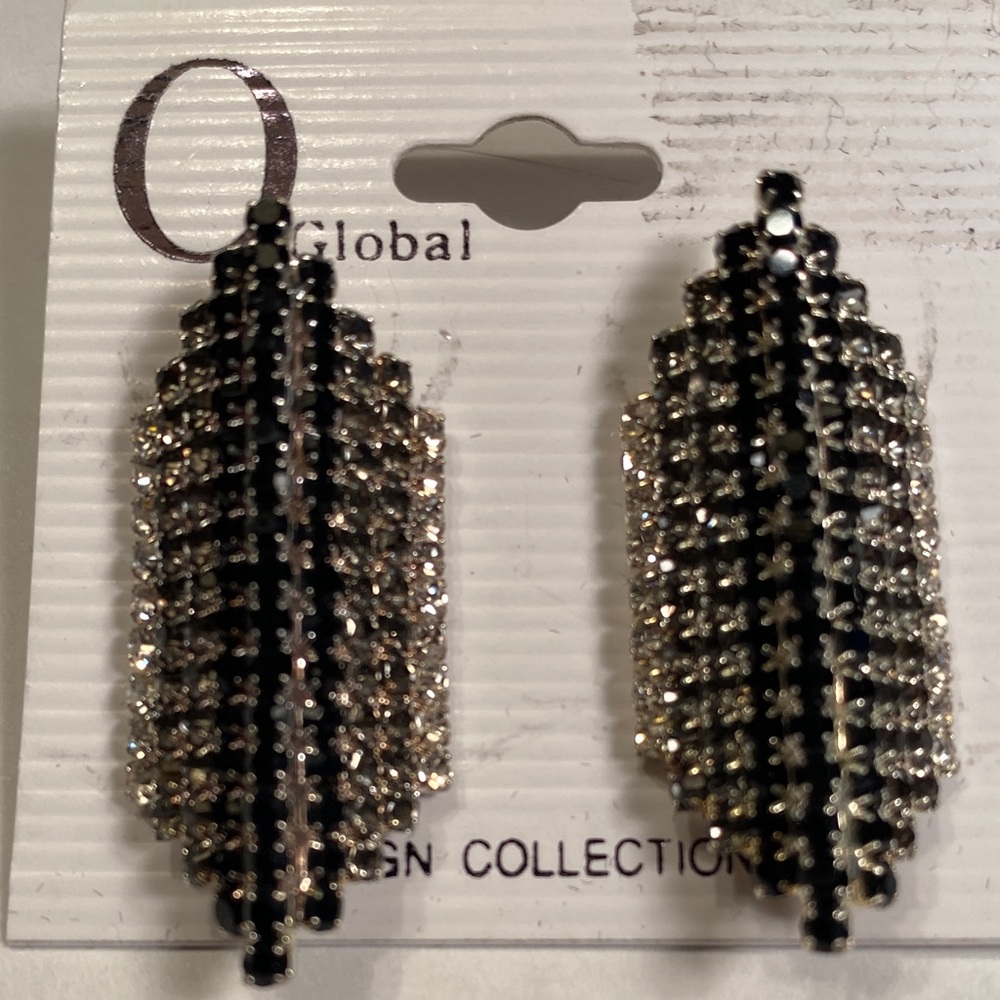 Black and Silver Crystal Leaf Statement Earrings by O Global